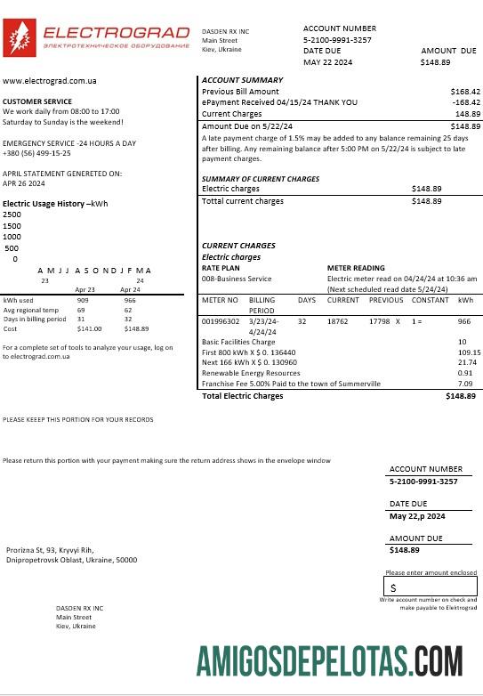 imprimível Modelo de conta de serviços públicos de eletricidade da Ucrânia Elektrograd em formatos Word e PDF